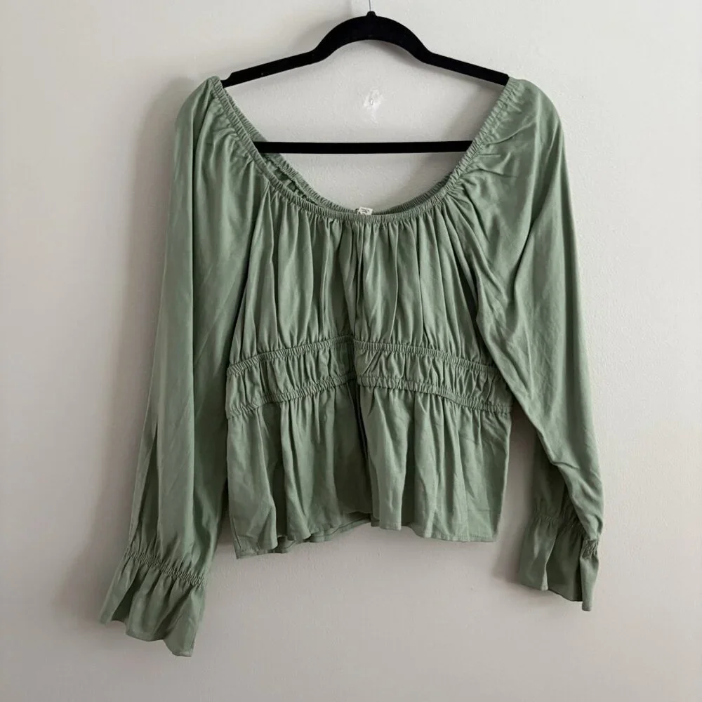 Daisy & Delilah Stitch Fix Women L Green Linen Blend Boho Larisa Peplum Top NWT